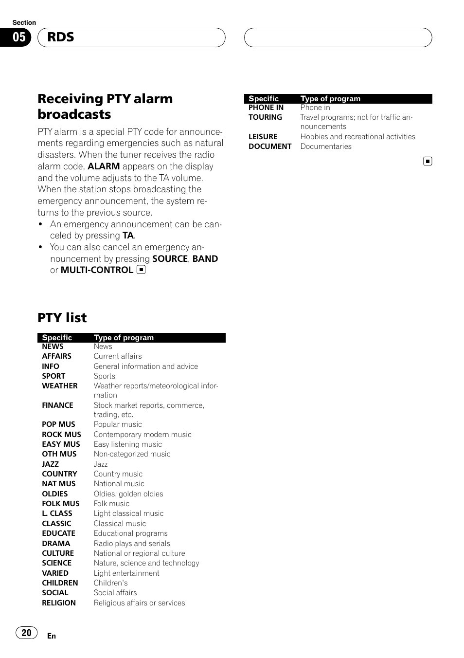 Receiving pty alarm broadcasts, Pty list | Pioneer DEH-P55BT User Manual | Page 20 / 162