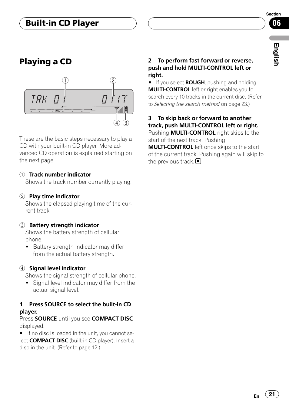 Built-in cd player playing a cd, Playing a cd, Built-in cd player | Pioneer DEH-P55BT User Manual | Page 21 / 162