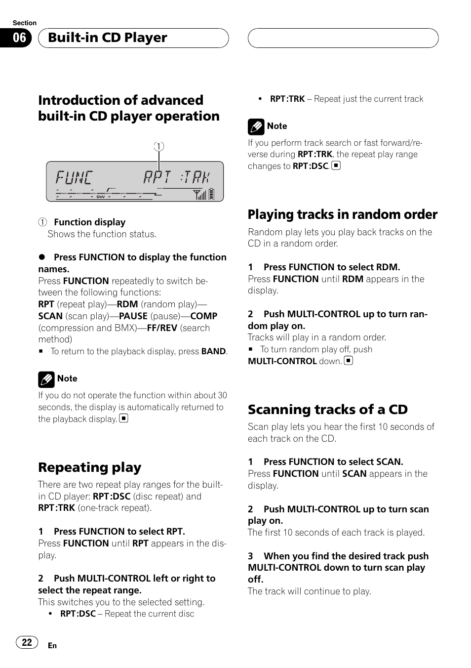 Introduction of advanced built-in cd player, Operation, Repeating play | Playing tracks in random order, Scanning tracks of a cd, Built-in cd player | Pioneer DEH-P55BT User Manual | Page 22 / 162