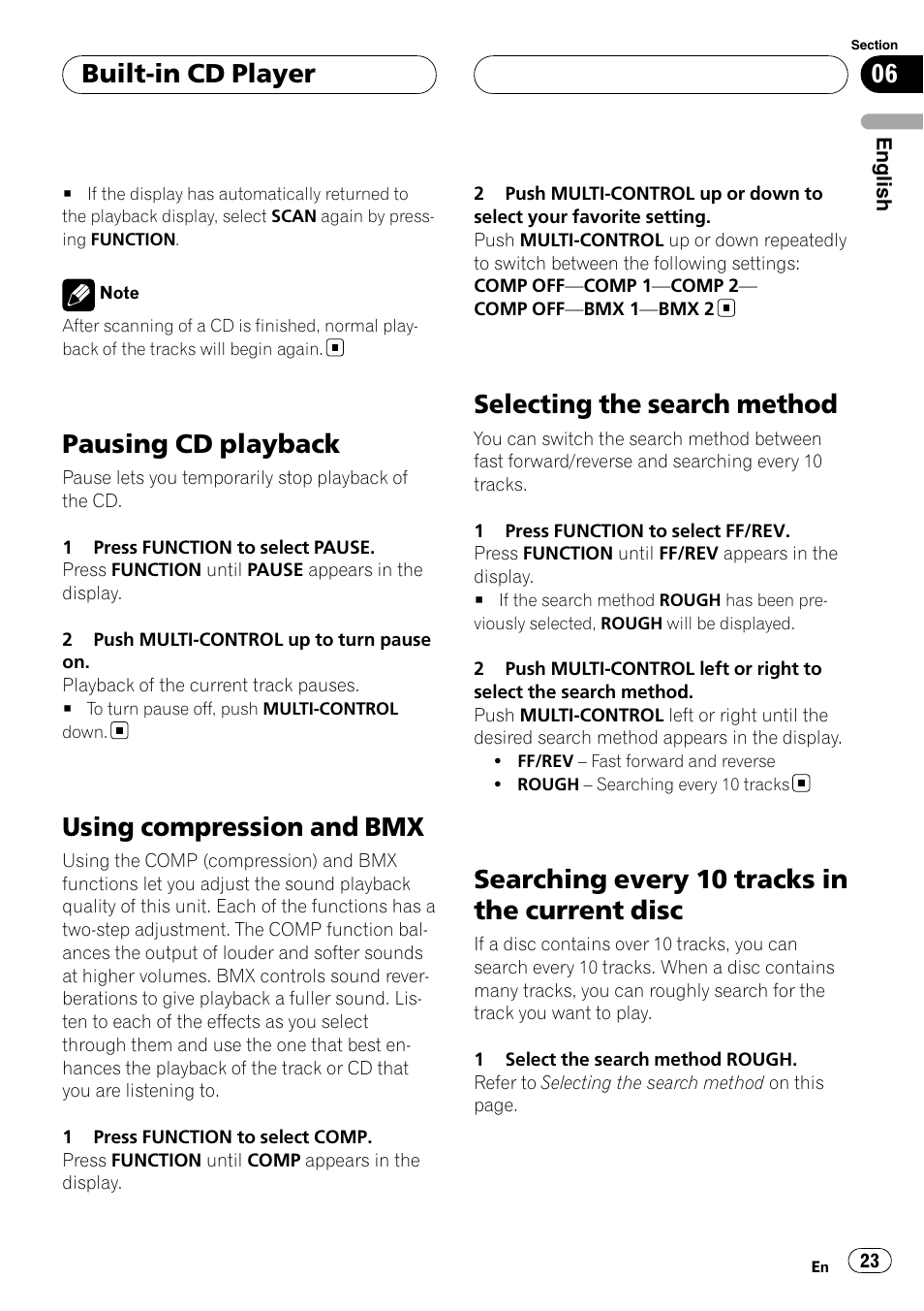 Pausing cd playback, Using compression and bmx, Selecting the search method | Searching every 10 tracks in the current, Disc, Searching every 10 tracks in the current disc, Built-in cd player | Pioneer DEH-P55BT User Manual | Page 23 / 162