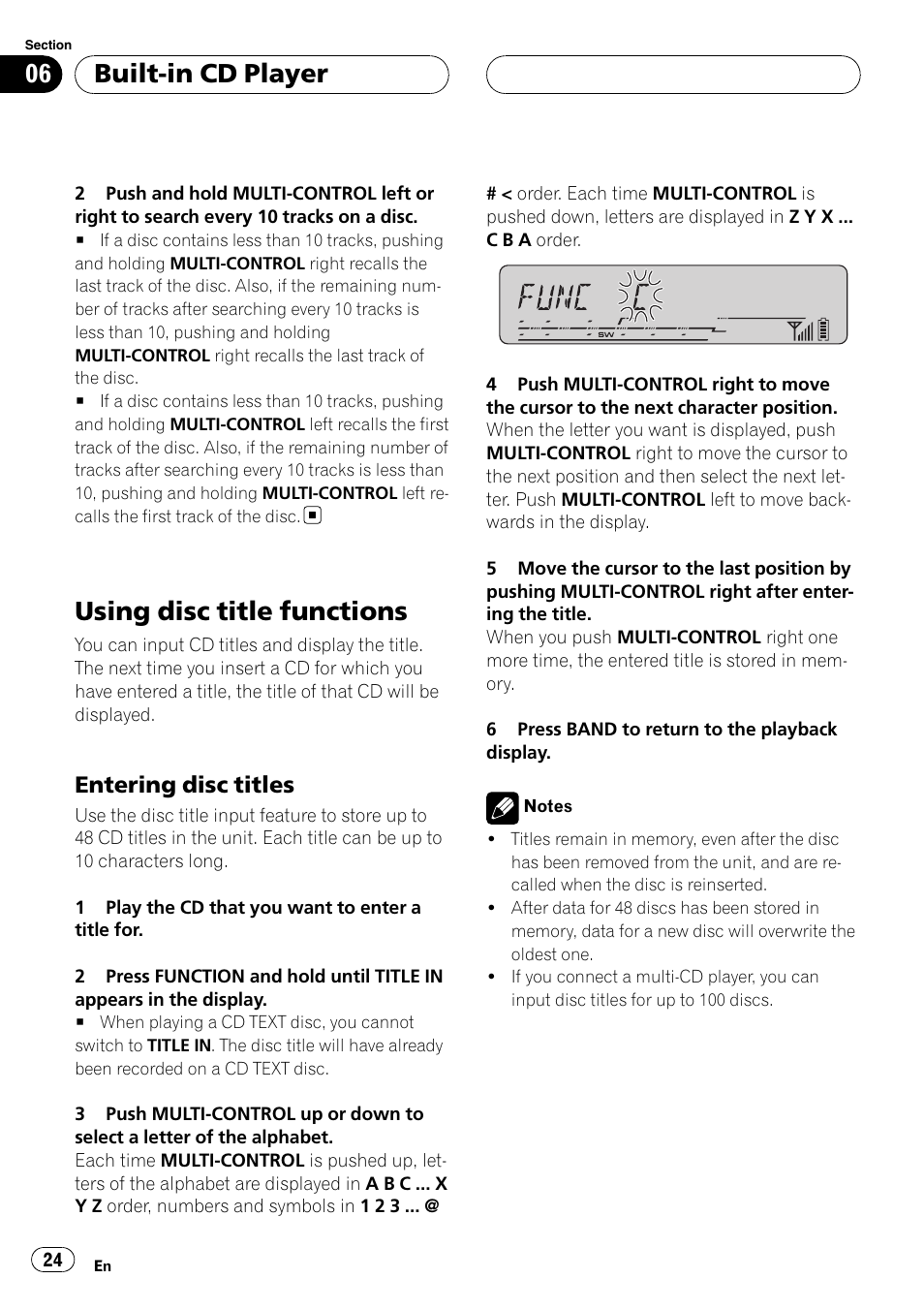 Using disc title functions, Entering disc titles 24, Built-in cd player | Entering disc titles | Pioneer DEH-P55BT User Manual | Page 24 / 162