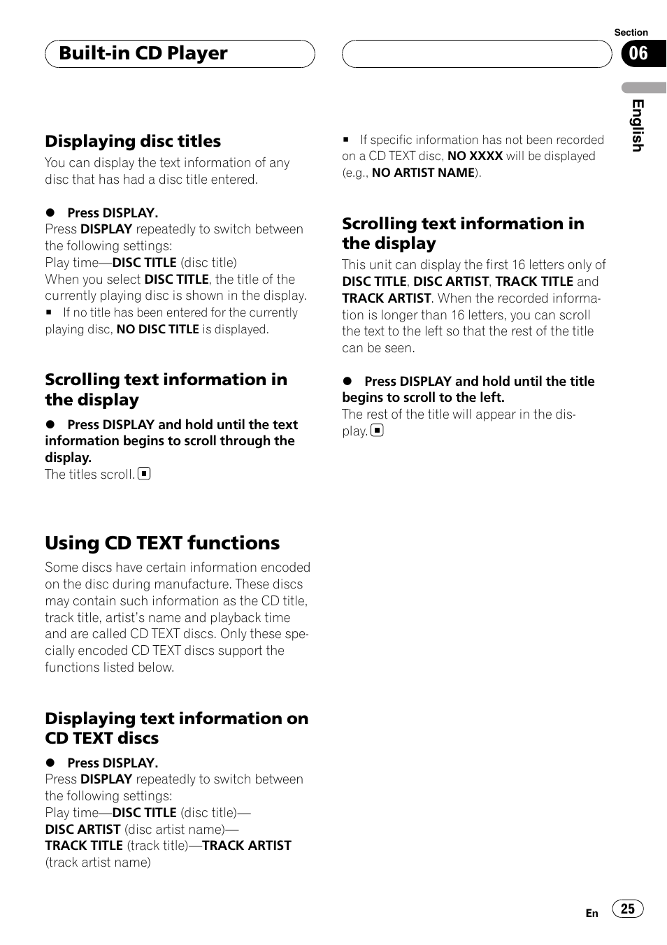 Displaying disc titles 25, Scrolling text information in the, Display | Using cd text functions, Displaying text information on cd text, Discs, Built-in cd player | Pioneer DEH-P55BT User Manual | Page 25 / 162