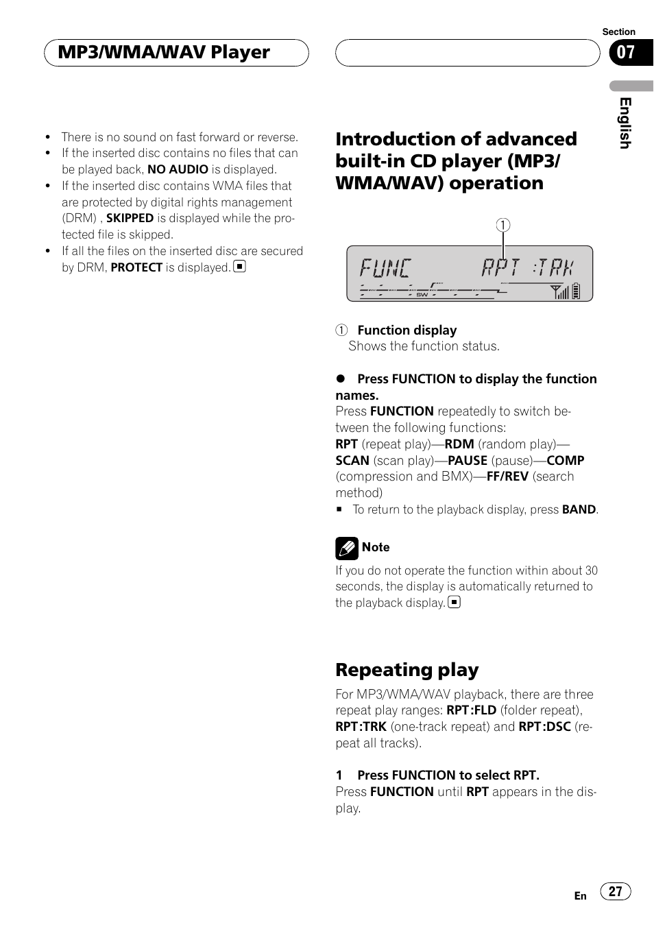 Introduction of advanced built-in cd player, Mp3/wma/wav) operation, Repeating play | Mp3/wma/wav player | Pioneer DEH-P55BT User Manual | Page 27 / 162