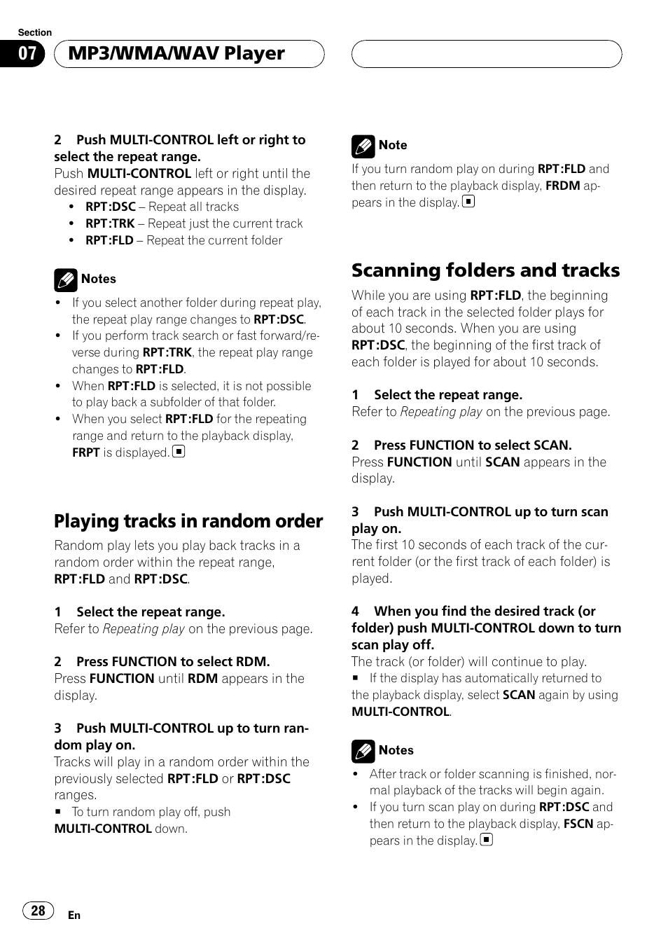 Playing tracks in random order, Scanning folders and tracks, Mp3/wma/wav player | Pioneer DEH-P55BT User Manual | Page 28 / 162