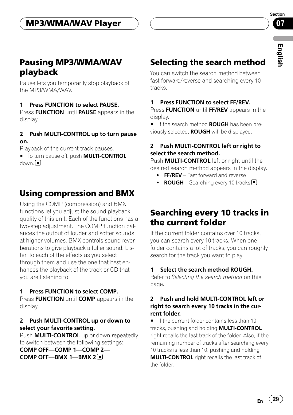 Pausing mp3/wma/wav playback, Using compression and bmx, Selecting the search method | Searching every 10 tracks in the current, Folder, Searching every 10 tracks in the current folder, Mp3/wma/wav player | Pioneer DEH-P55BT User Manual | Page 29 / 162