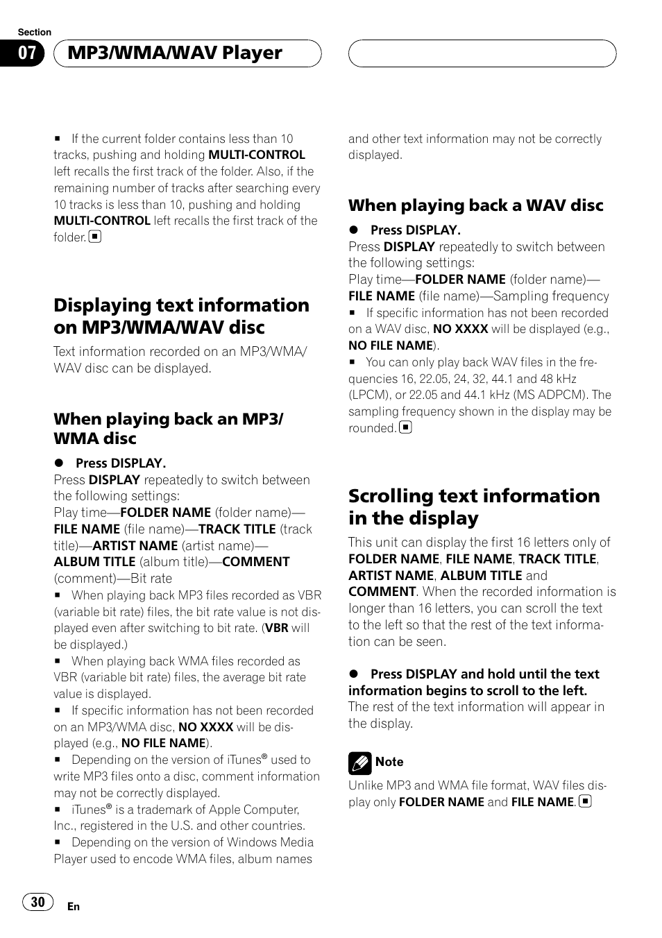 Displaying text information on mp3/wma, Wav disc, When playing back an mp3/wma | Disc, When playing back a wav disc 30, Scrolling text information in the display, Displaying text information on mp3/wma/wav disc, Mp3/wma/wav player, When playing back an mp3/ wma disc, When playing back a wav disc | Pioneer DEH-P55BT User Manual | Page 30 / 162