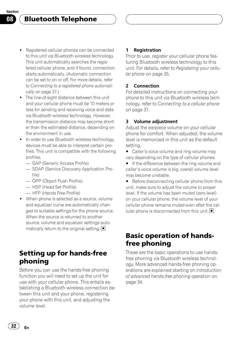 Setting up for hands-free phoning, Basic operation of hands-free phoning, Basic operation of hands- free phoning | Bluetooth telephone | Pioneer DEH-P55BT User Manual | Page 32 / 162