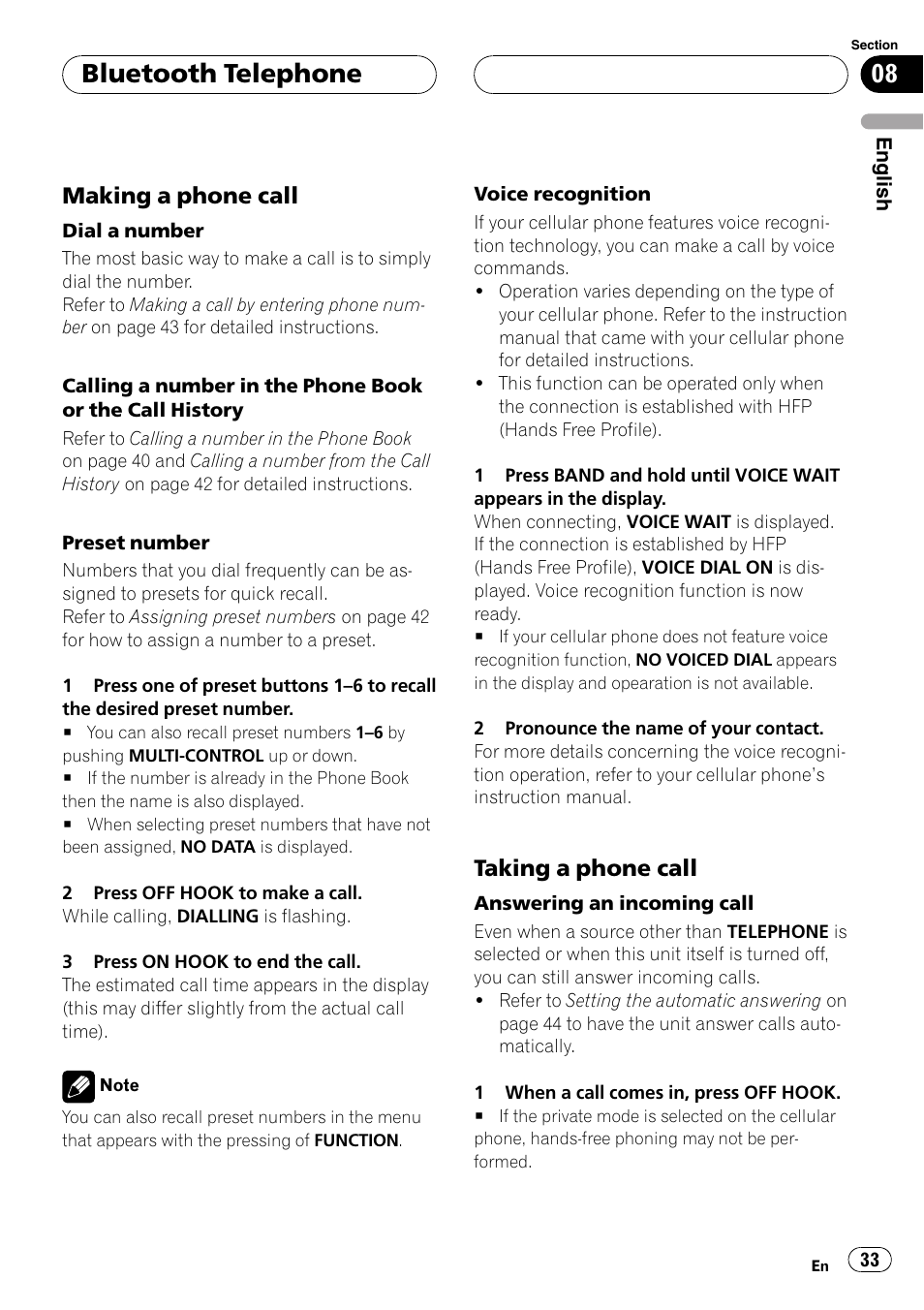 Making a phone call 33, Taking a phone call 33, Bluetooth telephone | Making a phone call, Taking a phone call | Pioneer DEH-P55BT User Manual | Page 33 / 162