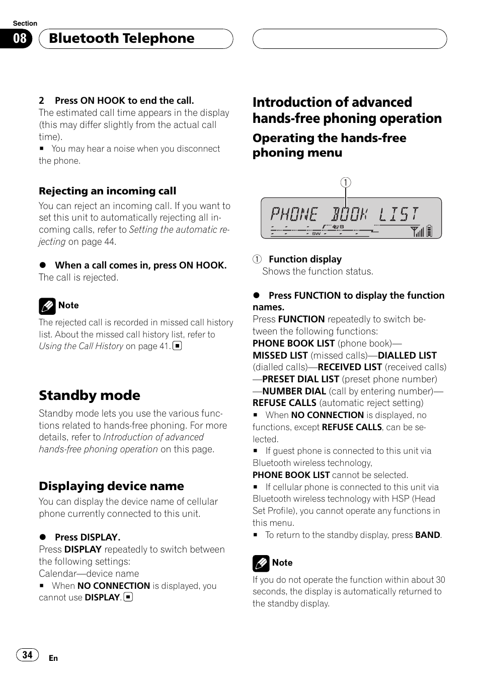 Standby mode, Displaying device name 34, Introduction of advanced hands-free phoning | Operation, Operating the hands-free phoning, Menu, Bluetooth telephone | Pioneer DEH-P55BT User Manual | Page 34 / 162