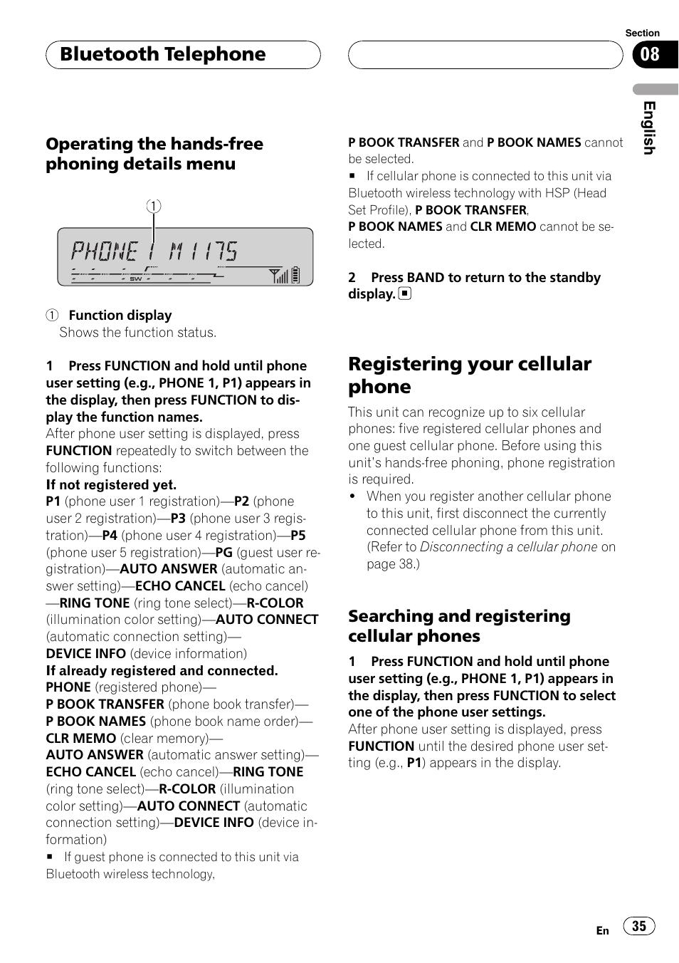 Operating the hands-free phoning, Details menu, Registering your cellular phone | Searching and registering cellular, Phones, Bluetooth telephone, Operating the hands-free phoning details menu, Searching and registering cellular phones | Pioneer DEH-P55BT User Manual | Page 35 / 162