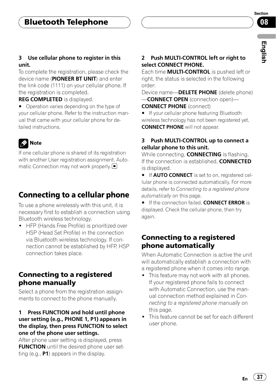 Connecting to a cellular phone, Connecting to a registered phone, Manually | Automatically, Bluetooth telephone, Connecting to a registered phone manually, Connecting to a registered phone automatically | Pioneer DEH-P55BT User Manual | Page 37 / 162