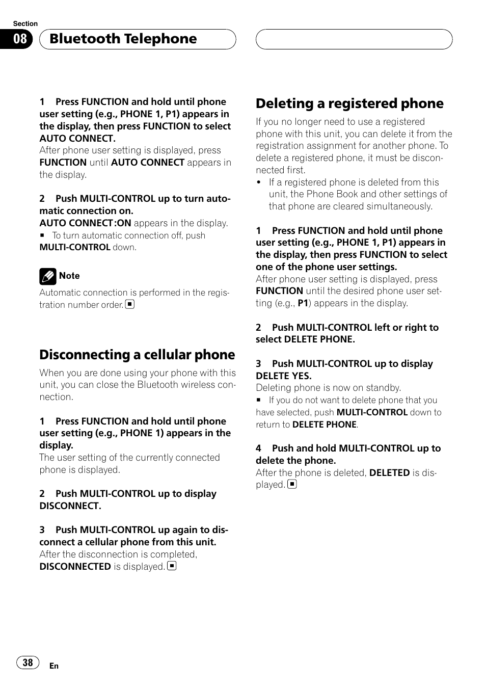 Disconnecting a cellular phone, Deleting a registered phone, Bluetooth telephone | Pioneer DEH-P55BT User Manual | Page 38 / 162