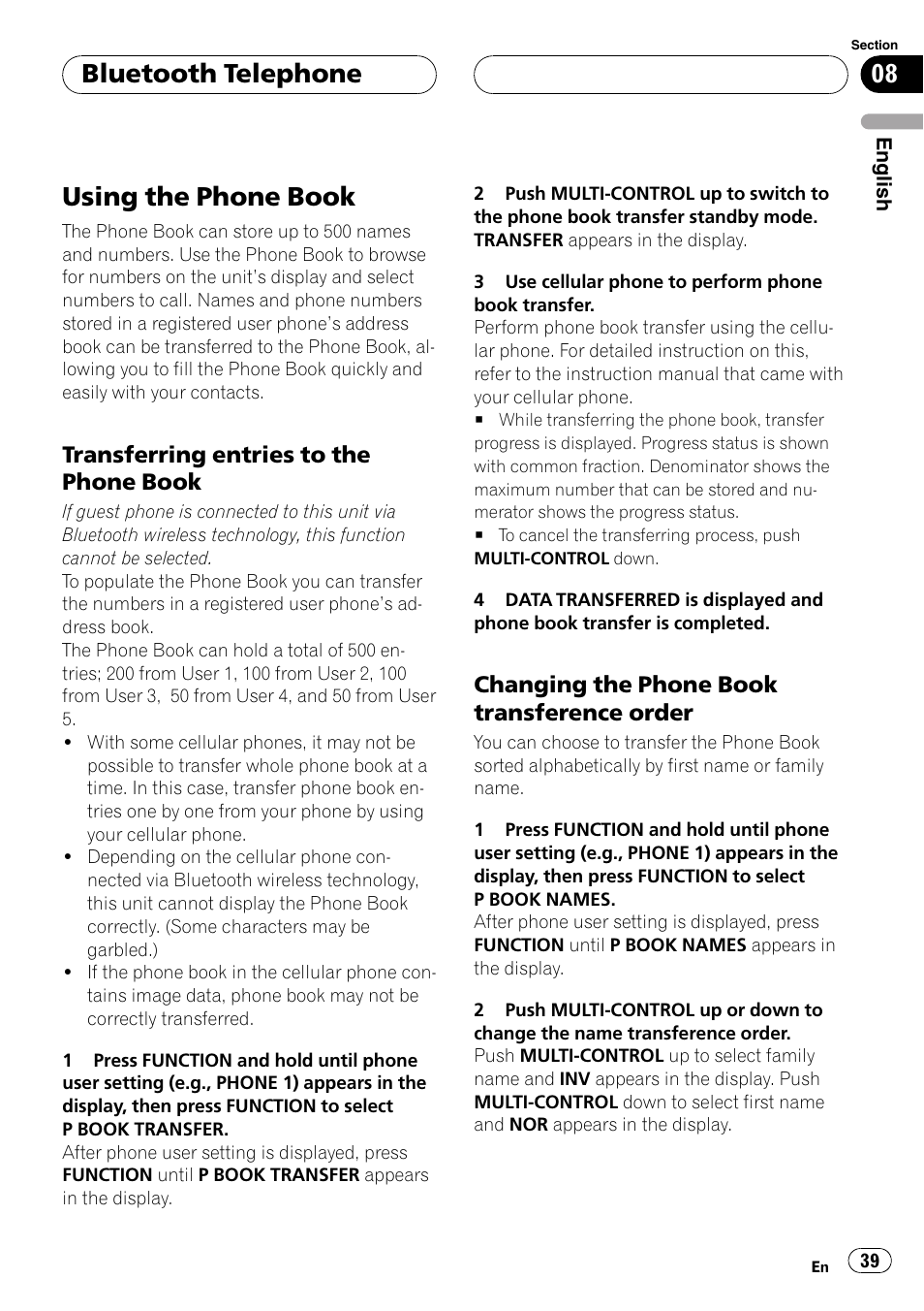 Using the phone book, Transferring entries to the phone, Book | Changing the phone book transference, Order, Bluetooth telephone, Transferring entries to the phone book, Changing the phone book transference order | Pioneer DEH-P55BT User Manual | Page 39 / 162