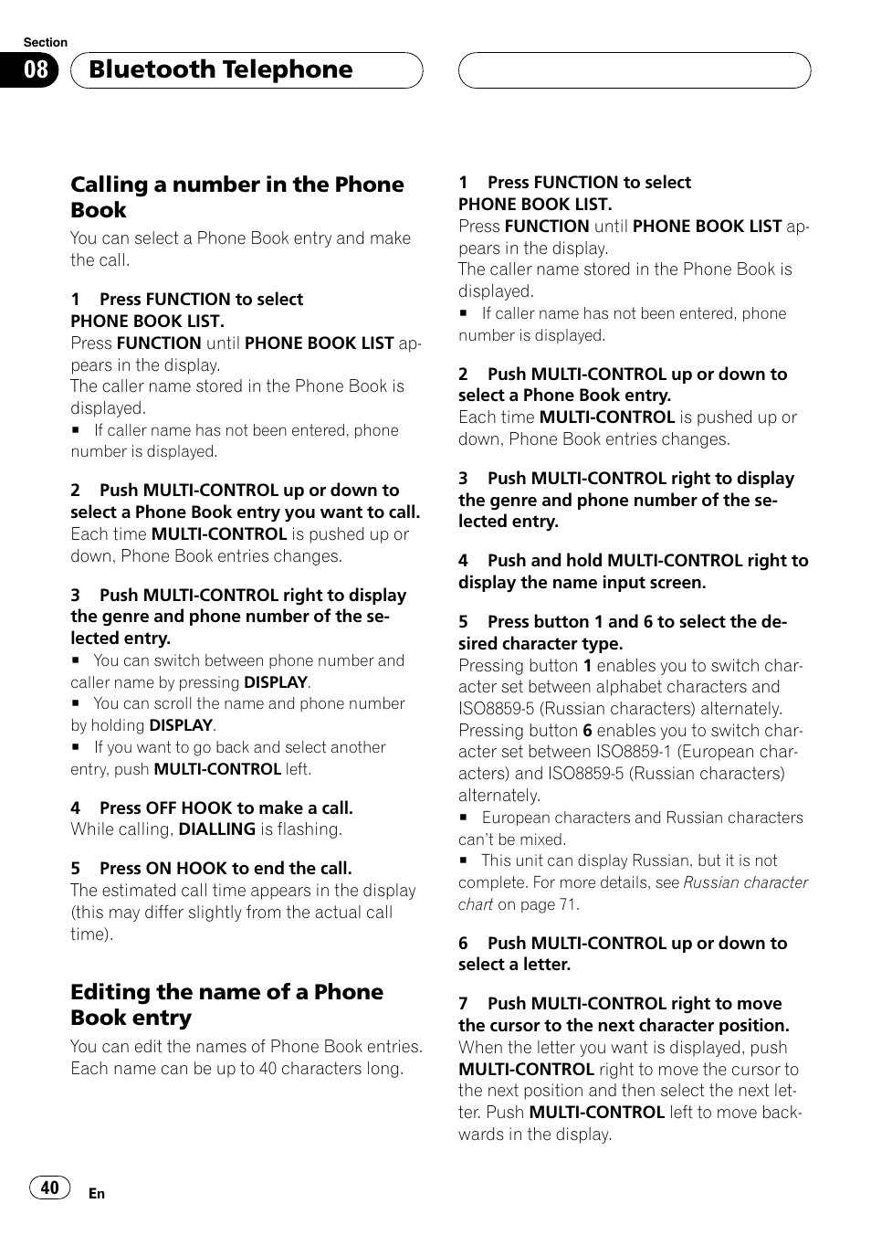 Calling a number in the phone, Book, Editing the name of a phone book | Entry, Bluetooth telephone, Calling a number in the phone book, Editing the name of a phone book entry | Pioneer DEH-P55BT User Manual | Page 40 / 162