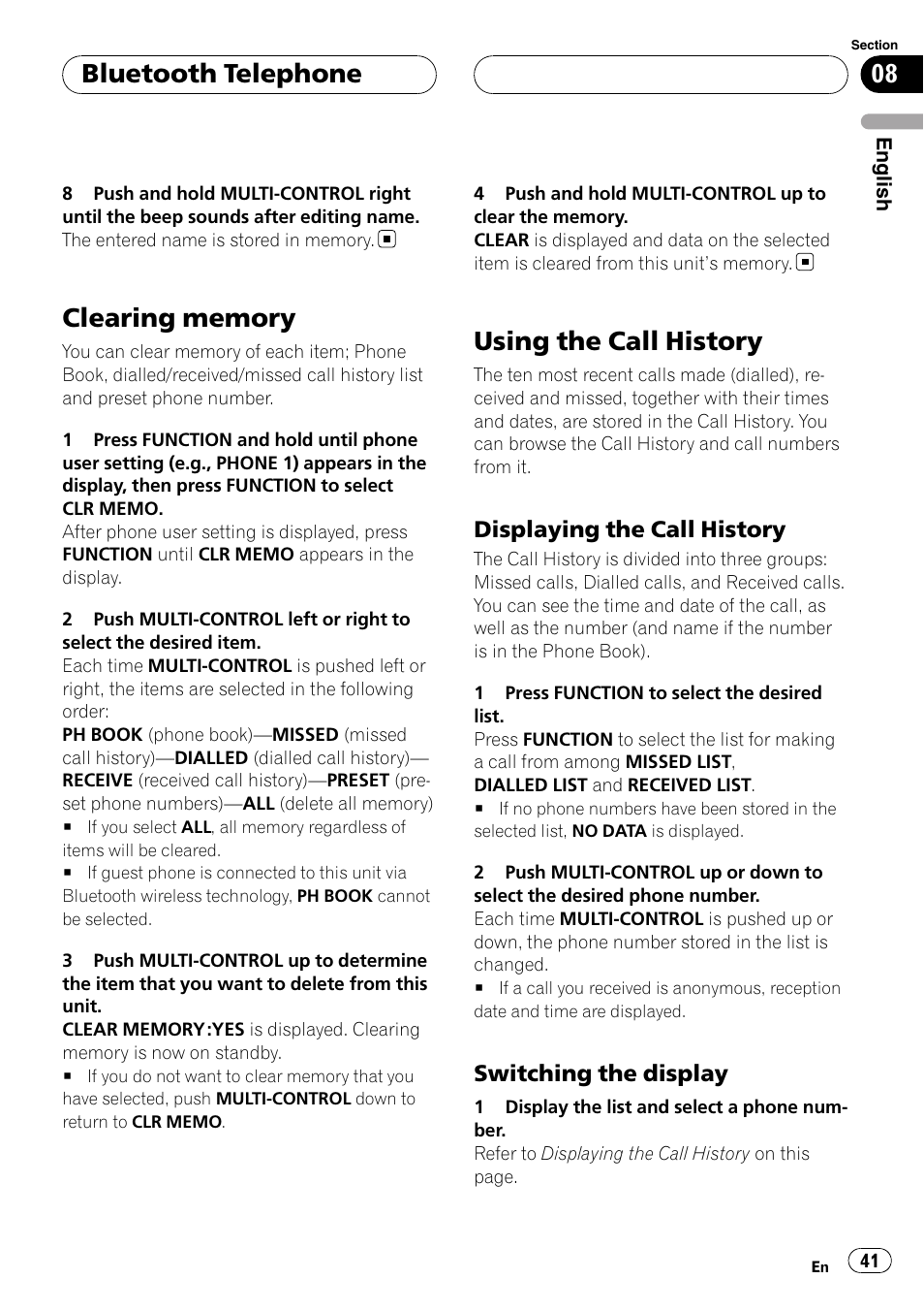 Clearing memory, Using the call history, Displaying the call history 41 | Switching the display 41, Bluetooth telephone, Displaying the call history, Switching the display | Pioneer DEH-P55BT User Manual | Page 41 / 162