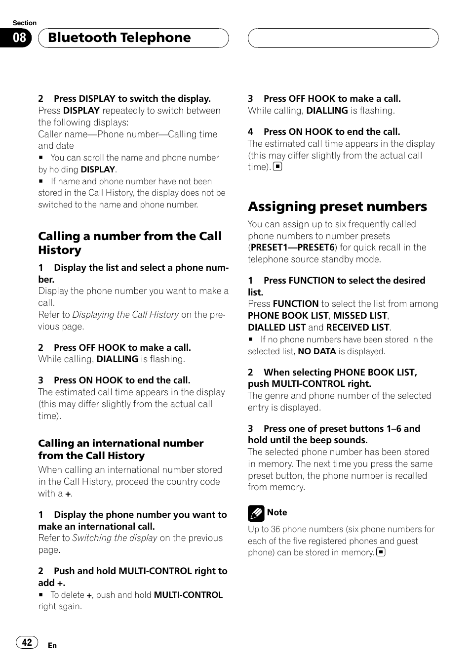 Calling a number from the call, History, Assigning preset numbers | Bluetooth telephone, Calling a number from the call history | Pioneer DEH-P55BT User Manual | Page 42 / 162