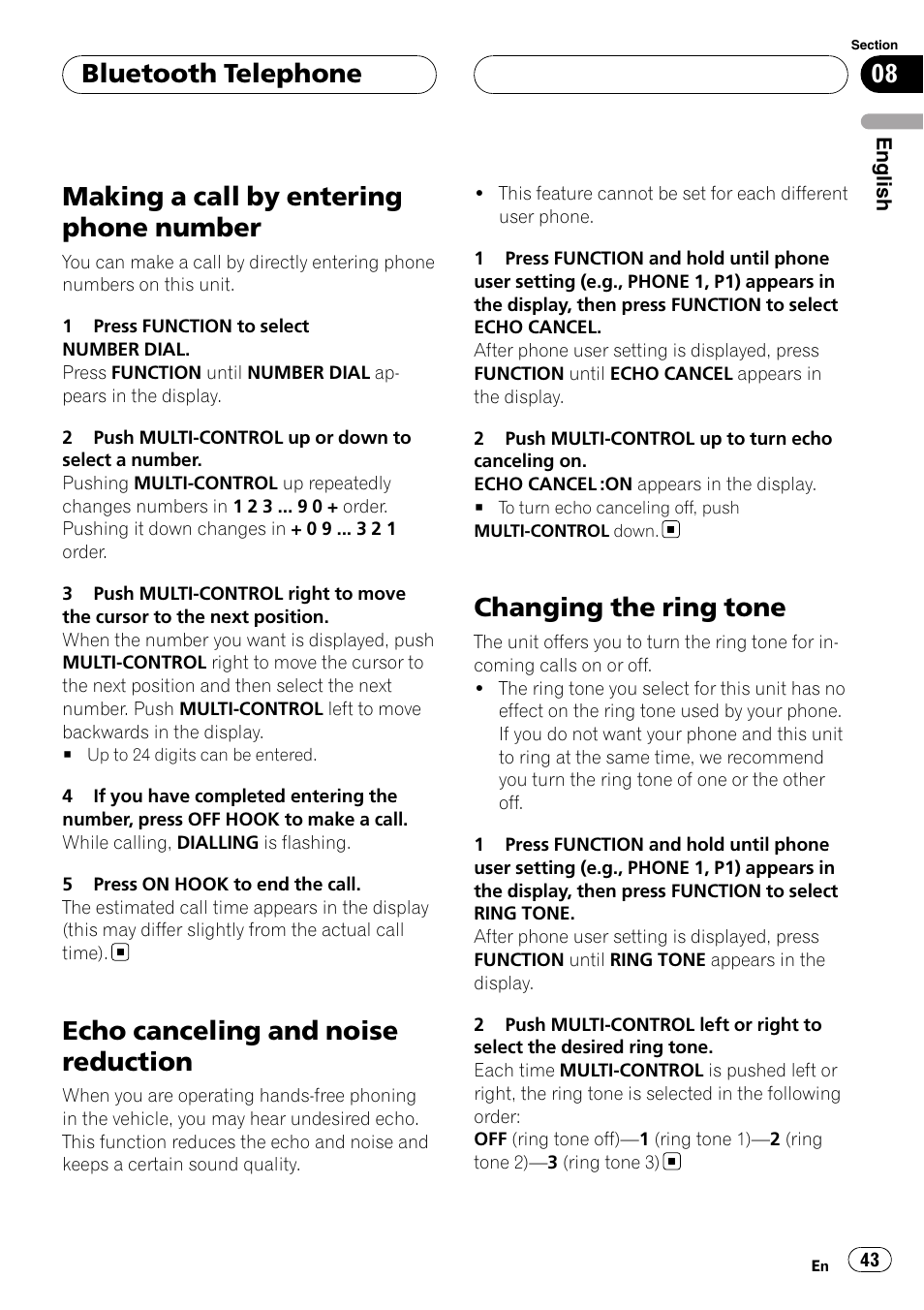 Making a call by entering phone number, Echo canceling and noise reduction, Changing the ring tone | Bluetooth telephone | Pioneer DEH-P55BT User Manual | Page 43 / 162