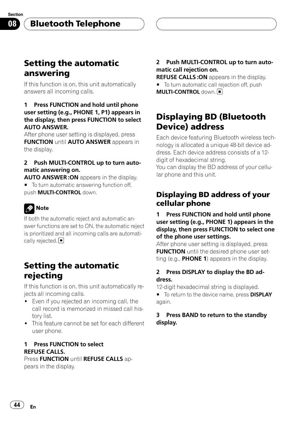 Setting the automatic answering, Setting the automatic rejecting, Displaying bd (bluetooth device) | Address, Displaying bd address of your cellular, Phone, Setting the automatic answering on, Displaying bd (bluetooth device) address, Bluetooth telephone | Pioneer DEH-P55BT User Manual | Page 44 / 162