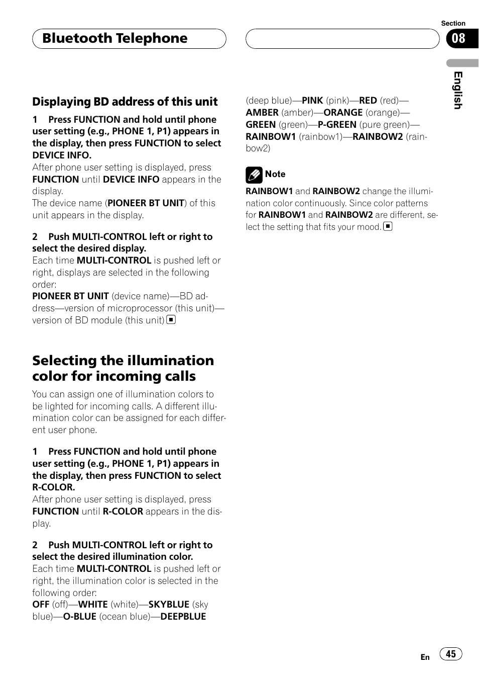 Displaying bd address of this unit 45, Selecting the illumination color for incoming, Calls | Bluetooth telephone, Displaying bd address of this unit | Pioneer DEH-P55BT User Manual | Page 45 / 162