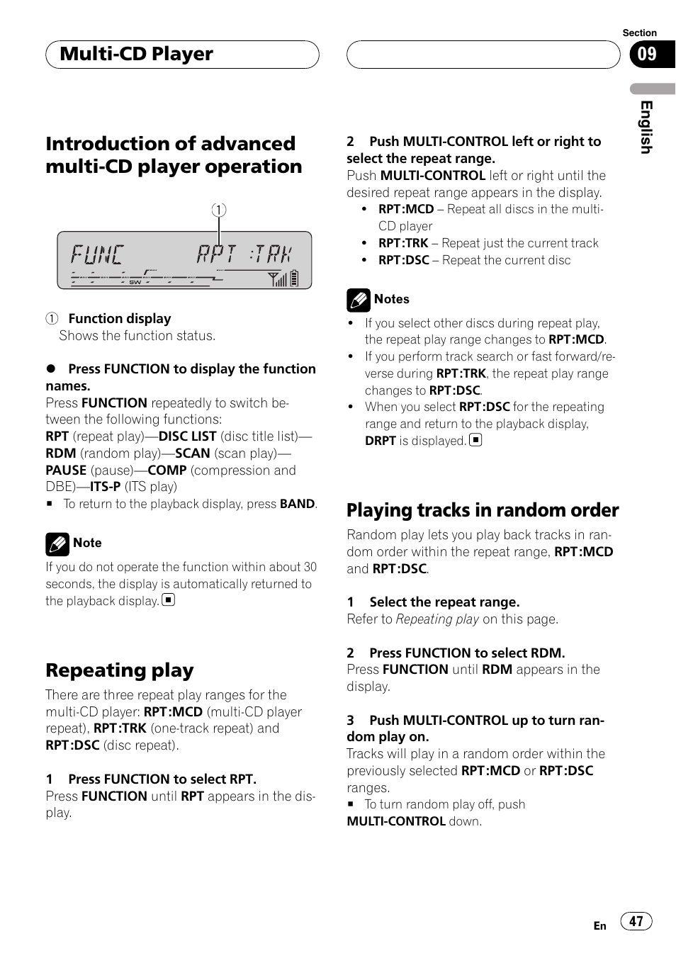 Introduction of advanced multi-cd player, Operation, Repeating play | Playing tracks in random order, Introduction of advanced multi-cd player operation, Multi-cd player | Pioneer DEH-P55BT User Manual | Page 47 / 162