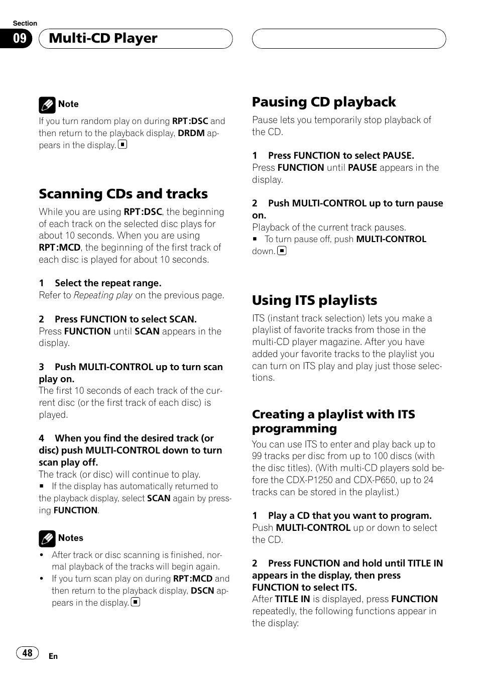 Scanning cds and tracks, Pausing cd playback, Using its playlists | Creating a playlist with its, Programming, Multi-cd player, Creating a playlist with its programming | Pioneer DEH-P55BT User Manual | Page 48 / 162