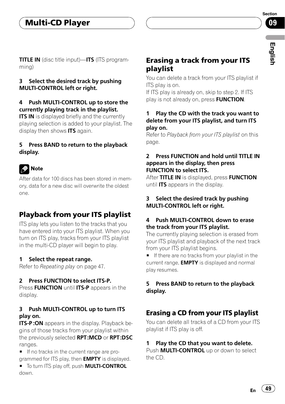 Playback from your its playlist 49, Erasing a track from your its, Playlist | Erasing a cd from your its playlist 49, Multi-cd player, Playback from your its playlist, Erasing a track from your its playlist, Erasing a cd from your its playlist | Pioneer DEH-P55BT User Manual | Page 49 / 162