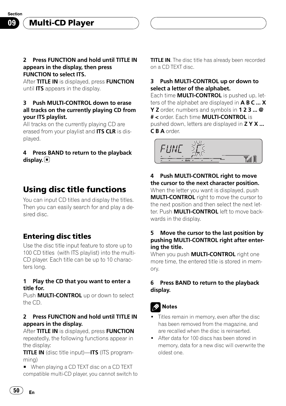 Using disc title functions, Entering disc titles 50, Multi-cd player | Entering disc titles | Pioneer DEH-P55BT User Manual | Page 50 / 162