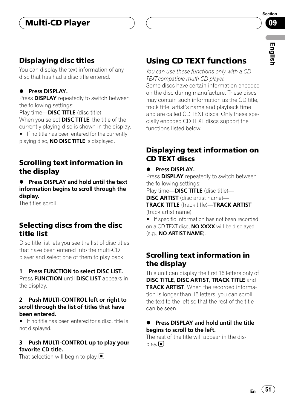 Displaying disc titles 51, Scrolling text information in the, Display | Selecting discs from the disc title, List, Using cd text functions, Displaying text information on cd text, Discs, Multi-cd player | Pioneer DEH-P55BT User Manual | Page 51 / 162