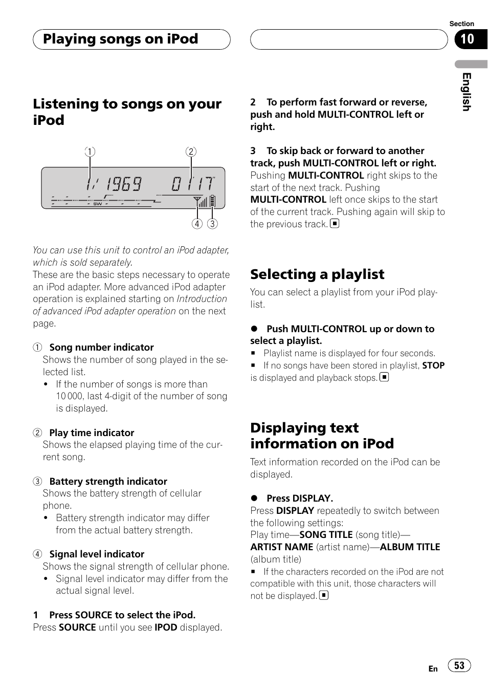 Selecting a playlist, Displaying text information on ipod, Listening to songs on your ipod | Playing songs on ipod | Pioneer DEH-P55BT User Manual | Page 53 / 162