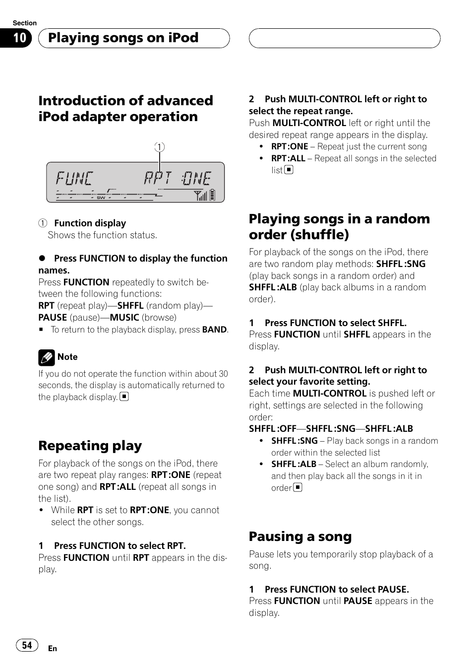 Introduction of advanced ipod adapter, Operation, Repeating play | Playing songs in a random order, Shuffle), Pausing a song, Introduction of advanced ipod adapter operation, Playing songs in a random order (shuffle), Playing songs on ipod | Pioneer DEH-P55BT User Manual | Page 54 / 162