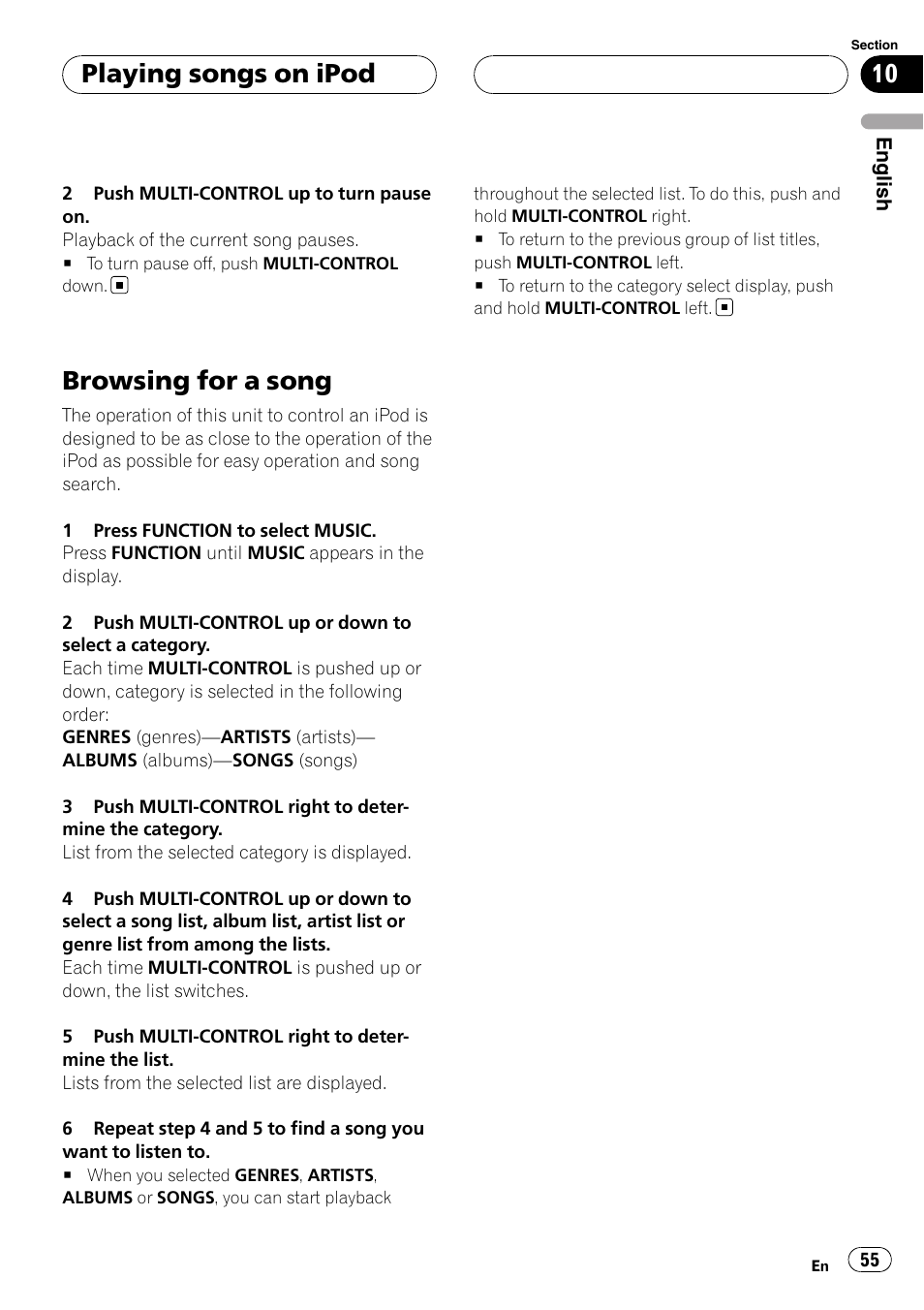 Browsing for a song, Playing songs on ipod | Pioneer DEH-P55BT User Manual | Page 55 / 162