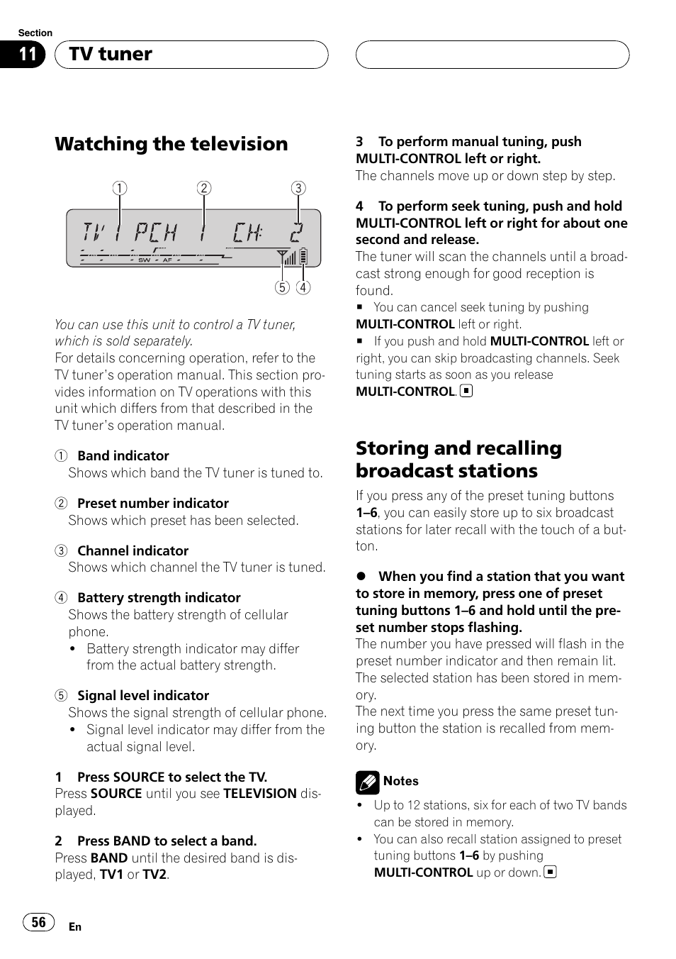 Tv tuner watching the television, Storing and recalling broadcast stations, Watching the television | Tv tuner | Pioneer DEH-P55BT User Manual | Page 56 / 162