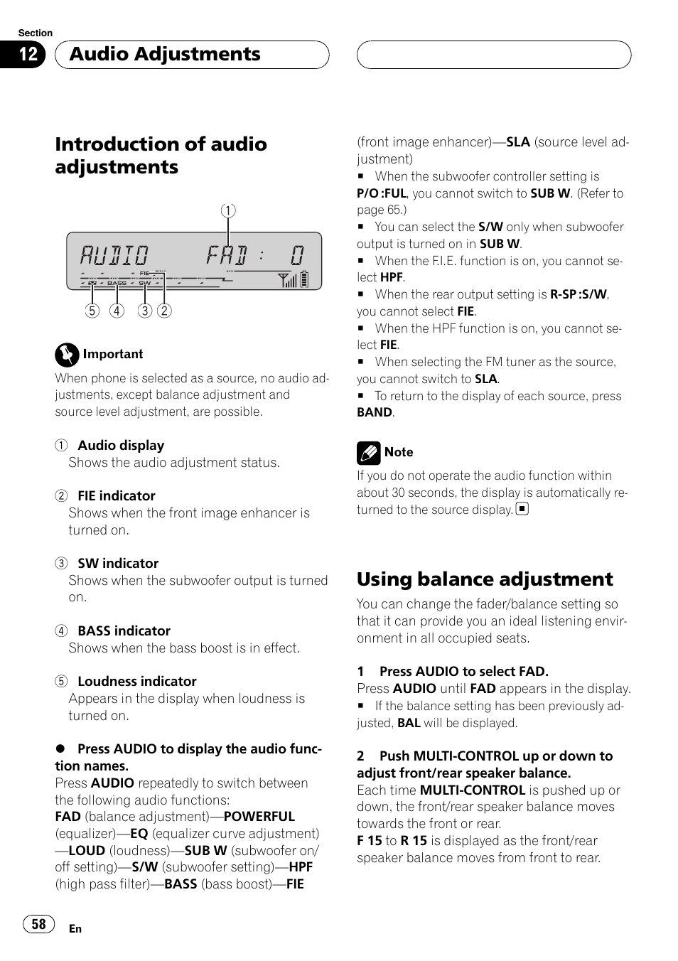 Using balance adjustment, Introduction of audio adjustments, Audio adjustments | Pioneer DEH-P55BT User Manual | Page 58 / 162