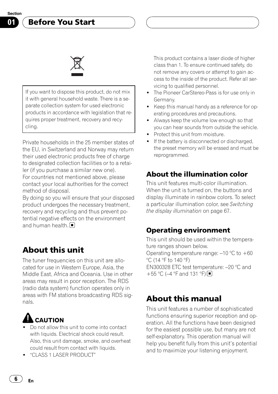 Before you start, About this unit, About the illumination color 6 | Operating environment 6, About this manual, About the illumination color, Operating environment | Pioneer DEH-P55BT User Manual | Page 6 / 162