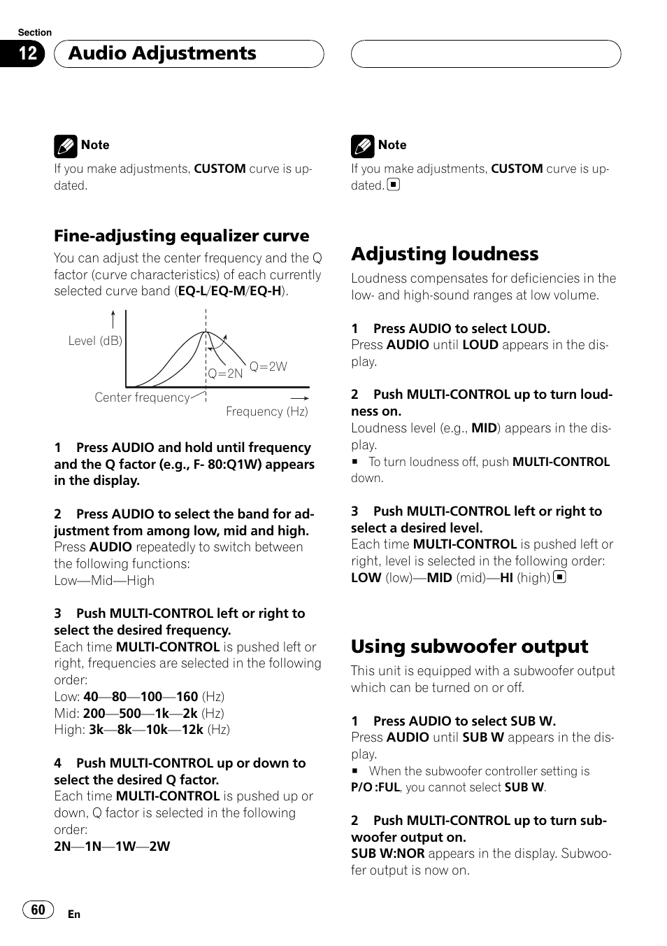 Fine-adjusting equalizer curve 60, Adjusting loudness, Using subwoofer output | Audio adjustments, Fine-adjusting equalizer curve | Pioneer DEH-P55BT User Manual | Page 60 / 162