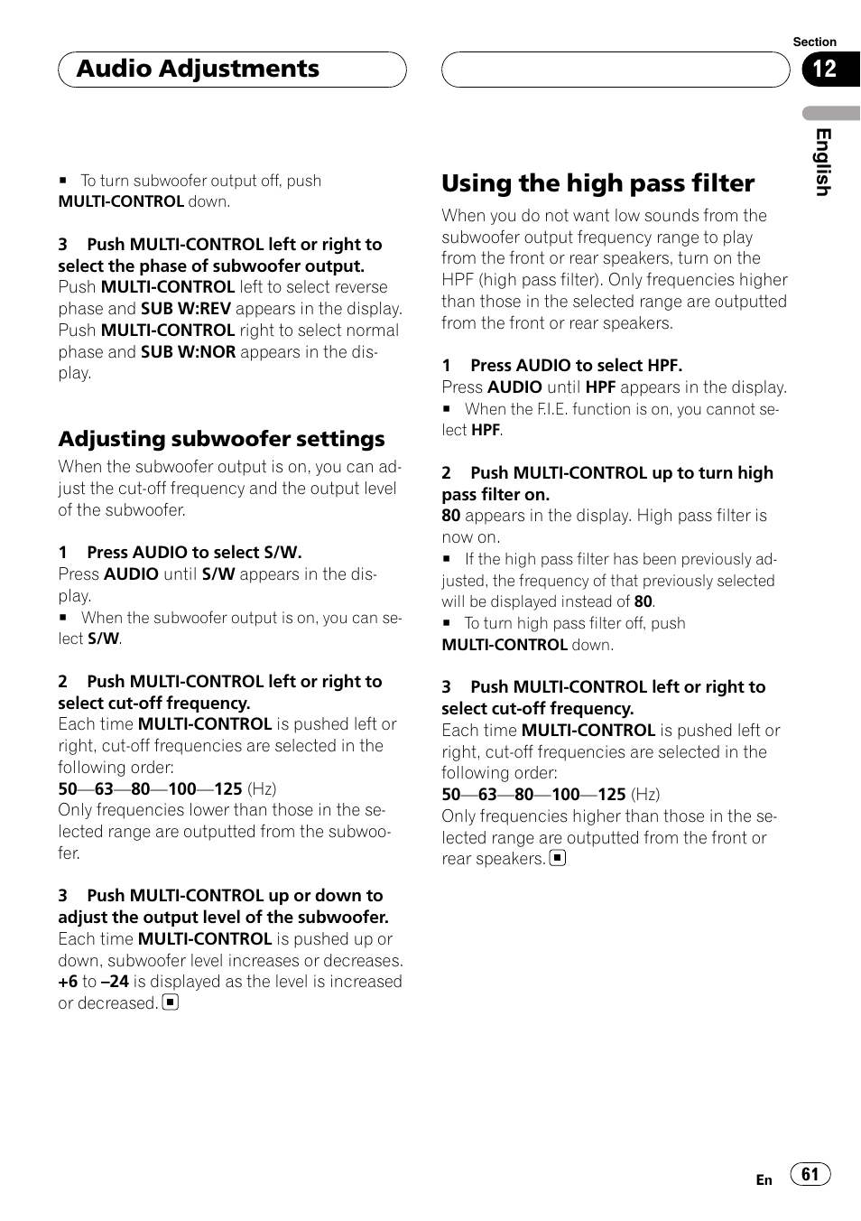 Adjusting subwoofer settings 61, Using the high pass filter, Audio adjustments | Adjusting subwoofer settings | Pioneer DEH-P55BT User Manual | Page 61 / 162