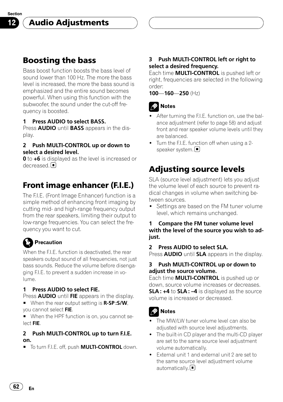 Boosting the bass, Front image enhancer (f.i.e.), Adjusting source levels | Audio adjustments | Pioneer DEH-P55BT User Manual | Page 62 / 162