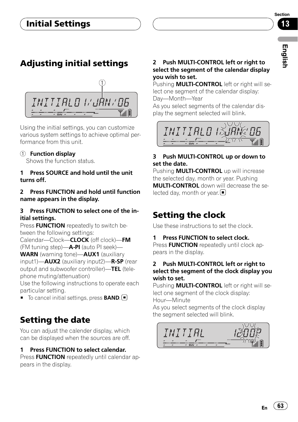 Initial settings adjusting initial settings, Setting the date, Setting the clock | Adjusting initial settings, Initial settings | Pioneer DEH-P55BT User Manual | Page 63 / 162