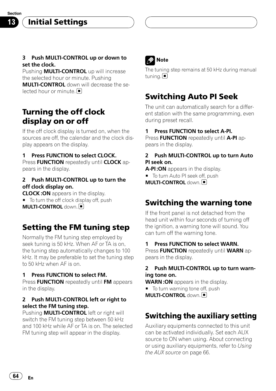 Turning the off clock display on or off, Setting the fm tuning step, Switching auto pi seek | Switching the warning tone, Switching the auxiliary setting, Initial settings | Pioneer DEH-P55BT User Manual | Page 64 / 162