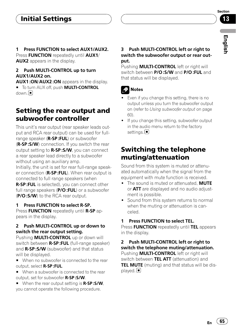 Setting the rear output and subwoofer, Controller, Switching the telephone muting | Attenuation, Setting the rear output and subwoofer controller, Switching the telephone muting/attenuation, Initial settings | Pioneer DEH-P55BT User Manual | Page 65 / 162