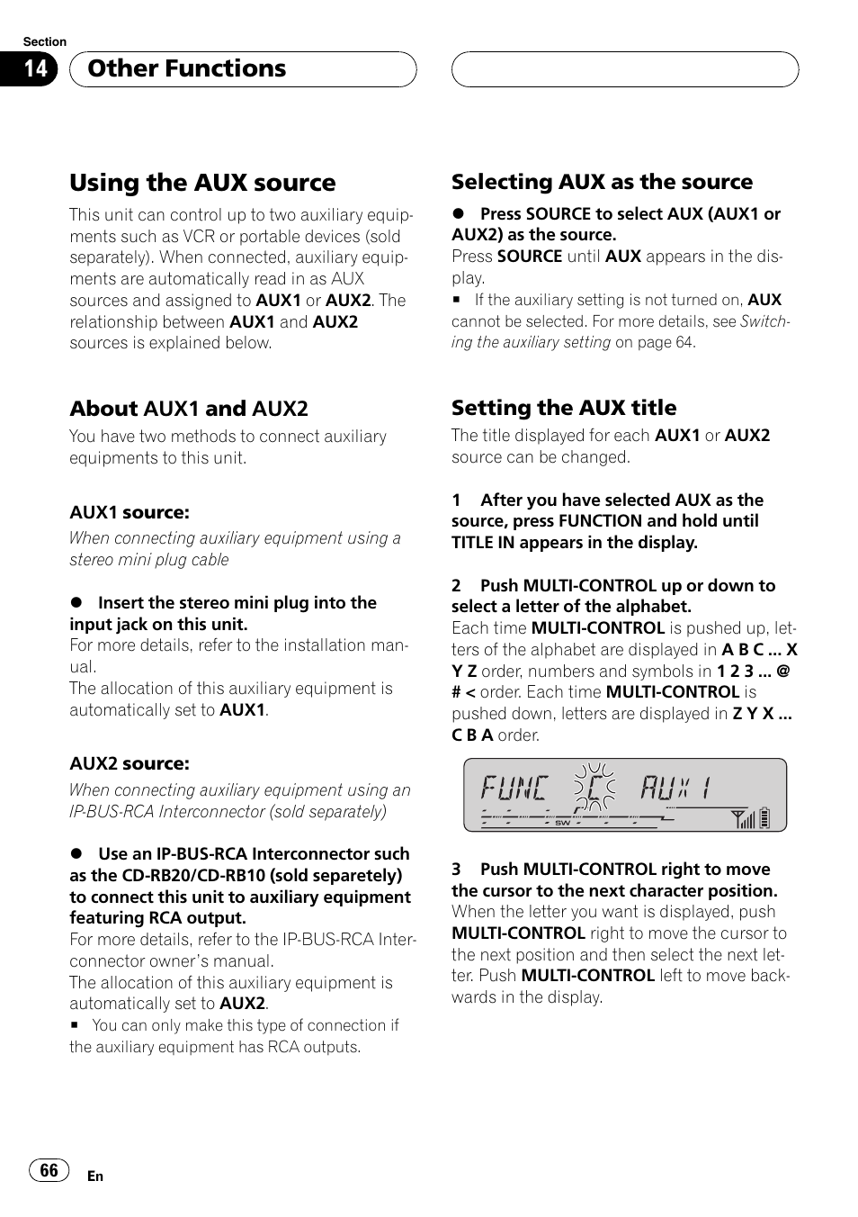 Other functions using the aux source, About aux1 and aux2 66, Selecting aux as the source 66 | Setting the aux title 66, Using the aux source, Other functions, About aux1 and aux2, Selecting aux as the source, Setting the aux title | Pioneer DEH-P55BT User Manual | Page 66 / 162