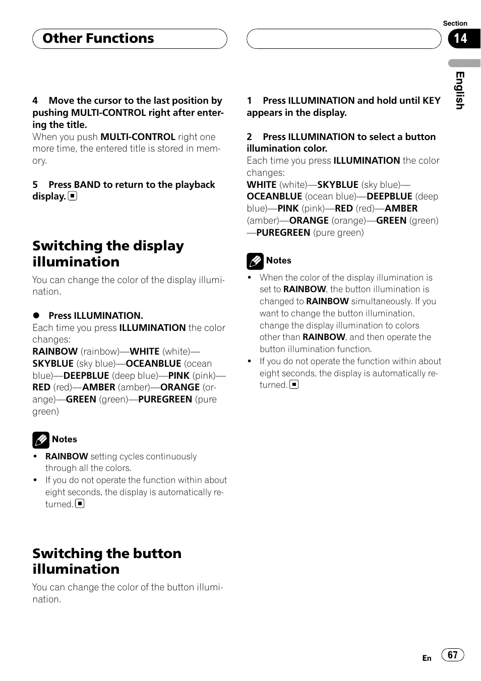 Switching the display illumination, Switching the button illumination, Other functions | Pioneer DEH-P55BT User Manual | Page 67 / 162