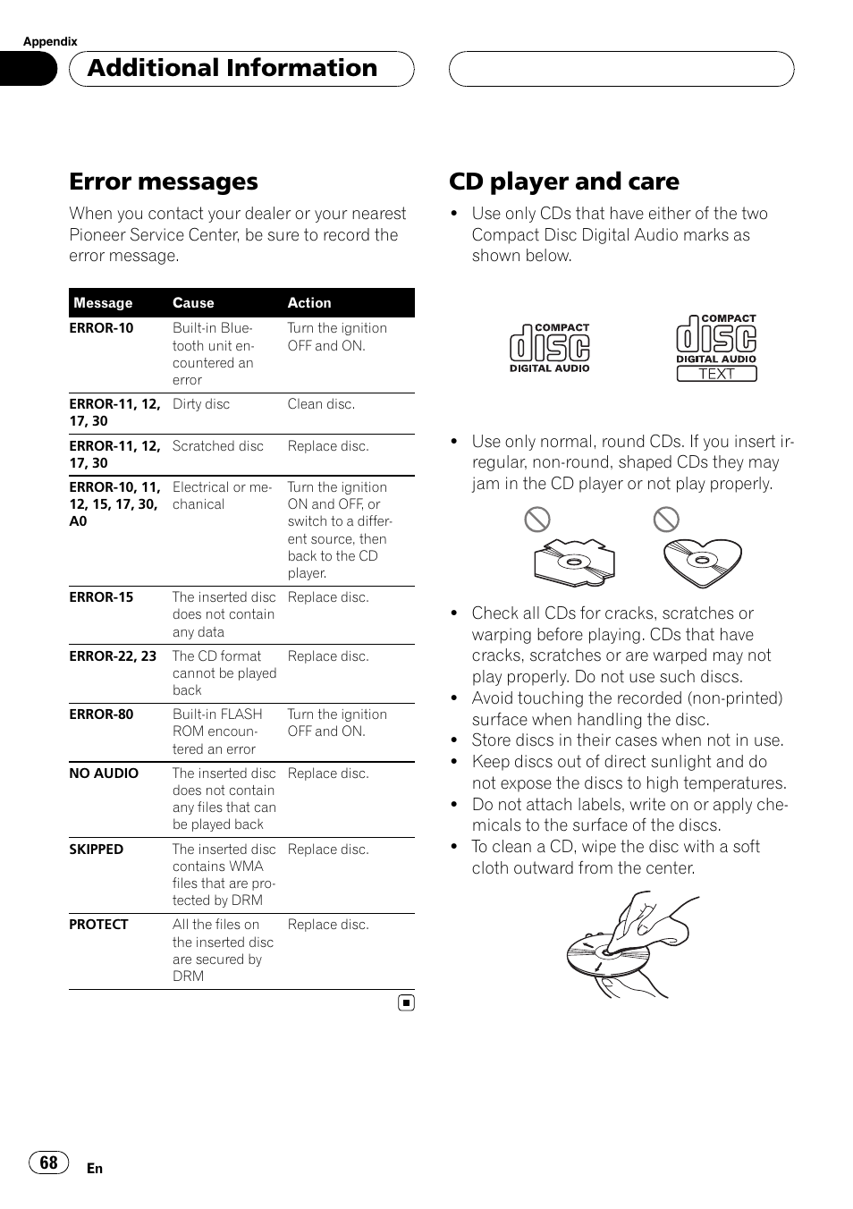 Additional information error messages, Cd player and care, Error messages | Additional information | Pioneer DEH-P55BT User Manual | Page 68 / 162