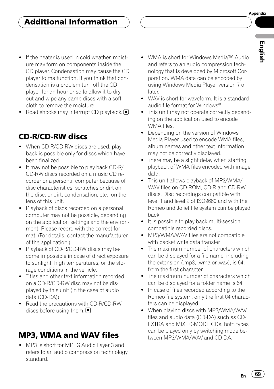 Cd-r/cd-rw discs, Mp3, wma and wav files, Additional information | Pioneer DEH-P55BT User Manual | Page 69 / 162