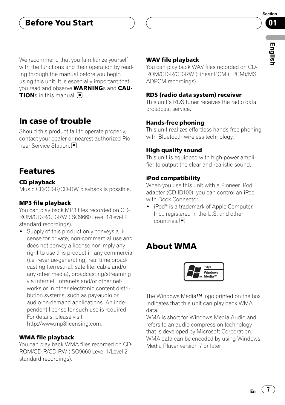 In case of trouble, Features, About wma | Before you start | Pioneer DEH-P55BT User Manual | Page 7 / 162