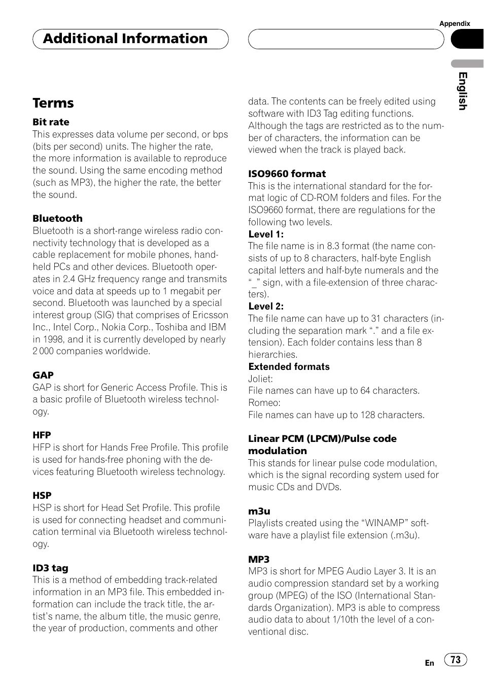 Terms, Additional information | Pioneer DEH-P55BT User Manual | Page 73 / 162