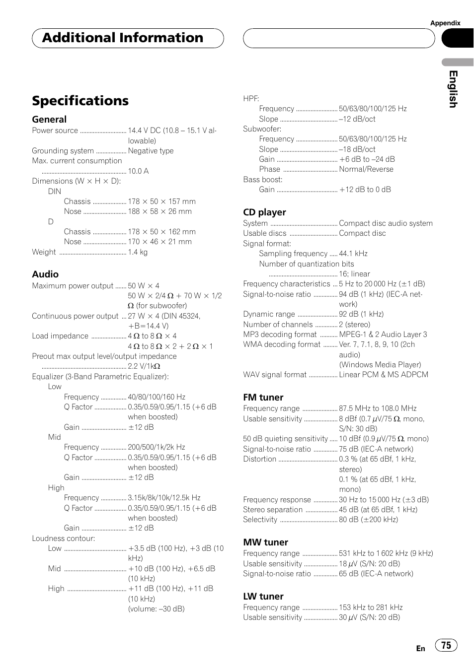 Specifications, Additional information, English | Pioneer DEH-P55BT User Manual | Page 75 / 162