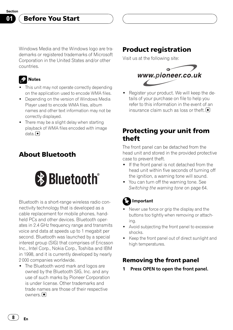 About bluetooth, Product registration, Protecting your unit from theft | Removing the front panel 8, Before you start | Pioneer DEH-P55BT User Manual | Page 8 / 162
