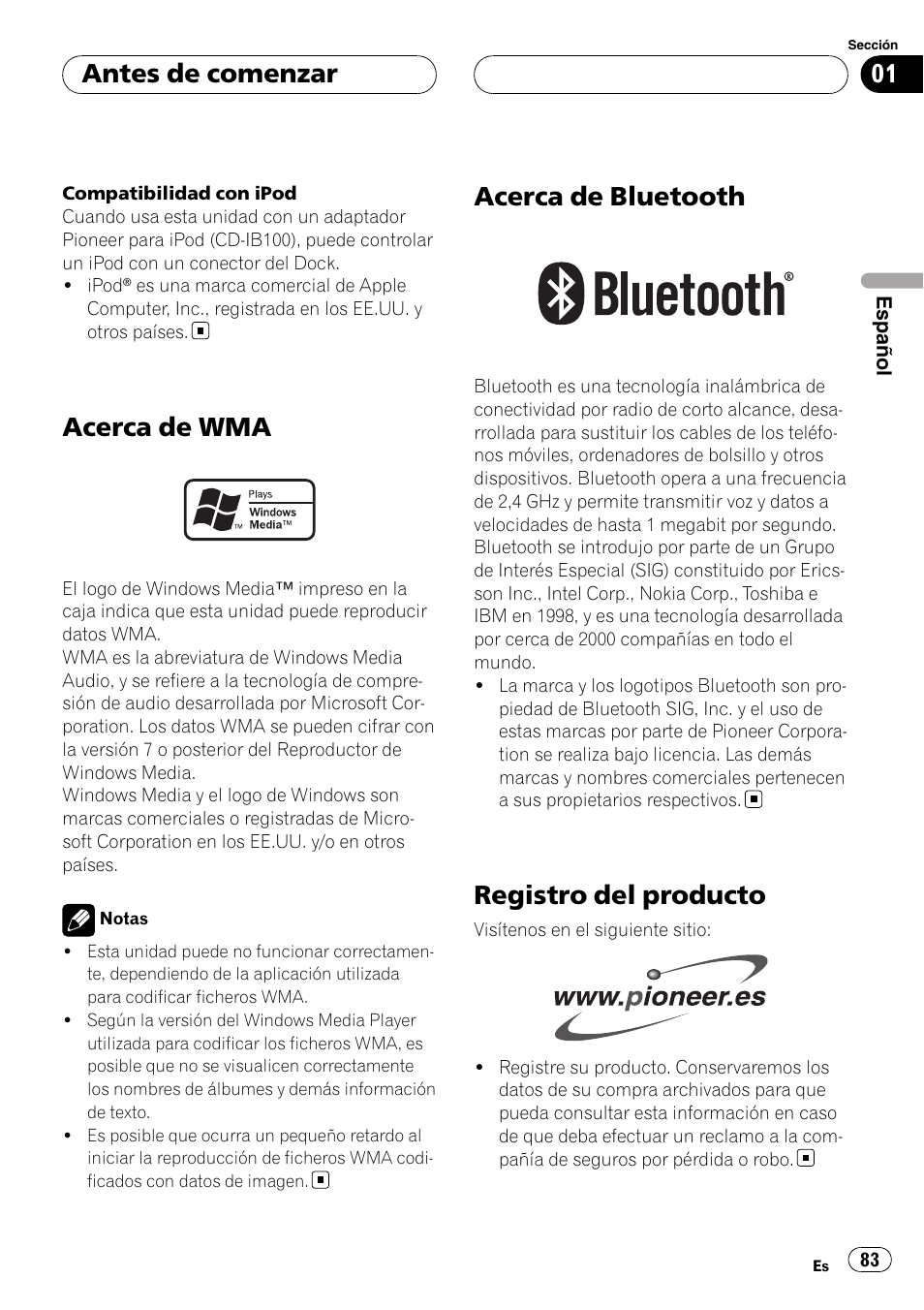 Acerca de wma, Acerca de bluetooth, Registro del producto | Antes de comenzar | Pioneer DEH-P55BT User Manual | Page 83 / 162