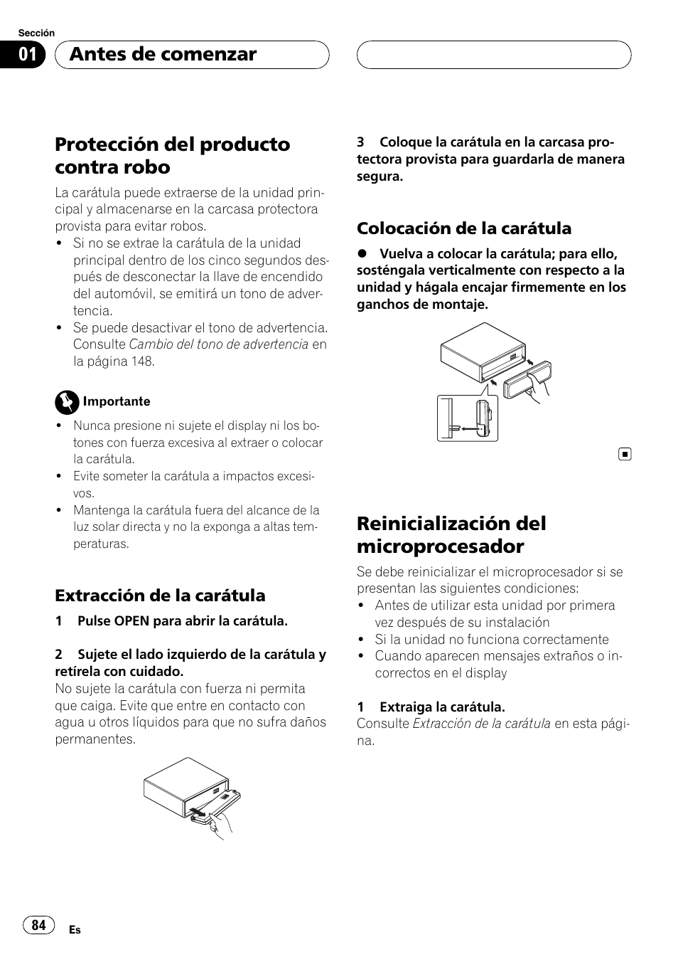 Protección del producto contra robo, Extracción de la carátula 84, Colocación de la carátula 84 | Reinicialización del microprocesador, Antes de comenzar | Pioneer DEH-P55BT User Manual | Page 84 / 162